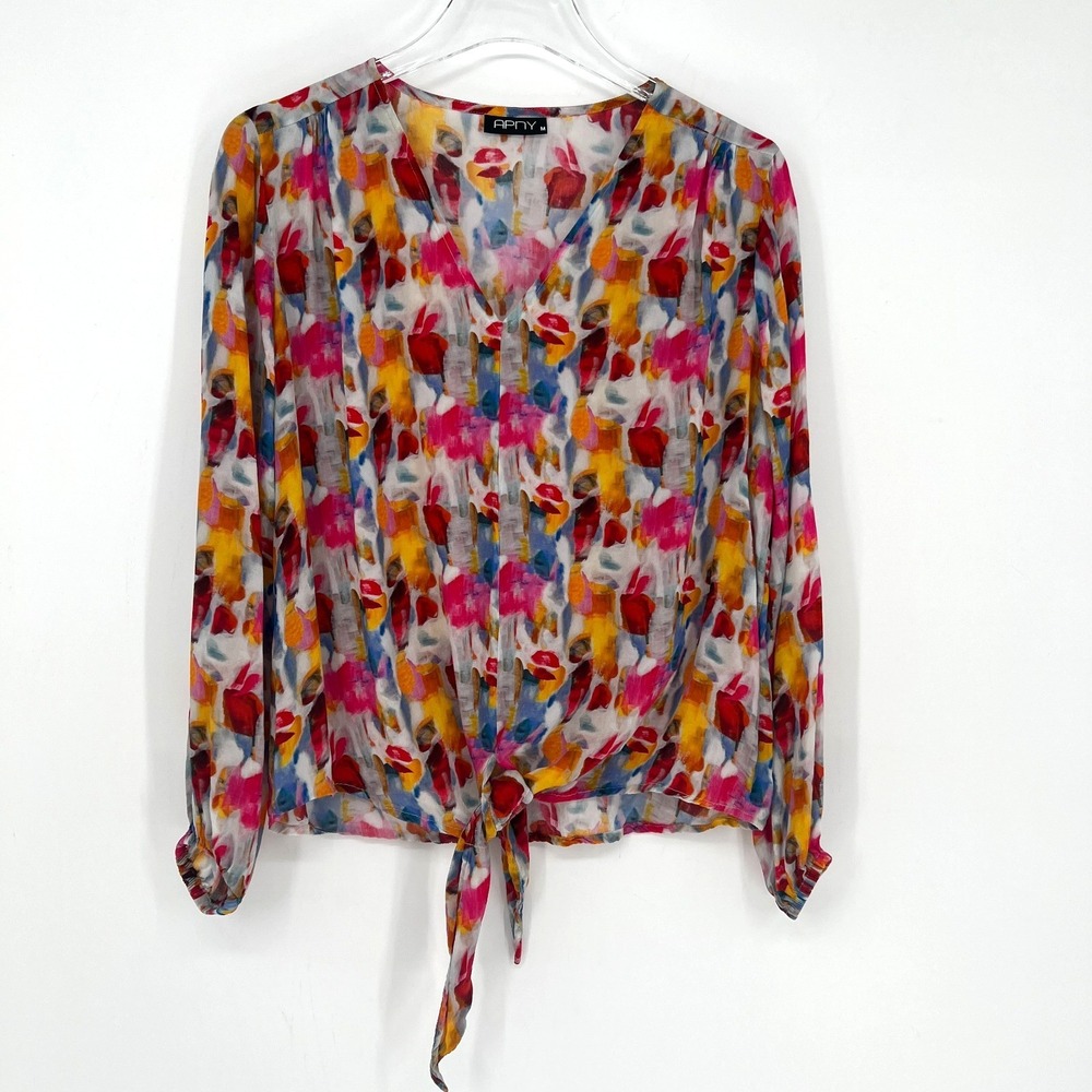 APNY ‎ Top Womens M Tie Dye Colorful Tie Front Artsy Abstract Career Office